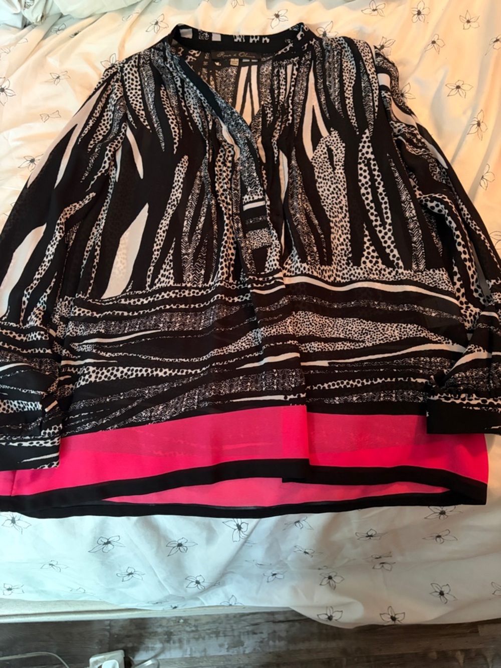 Rose and olive Black & White Printed Blouse with Pink Hem